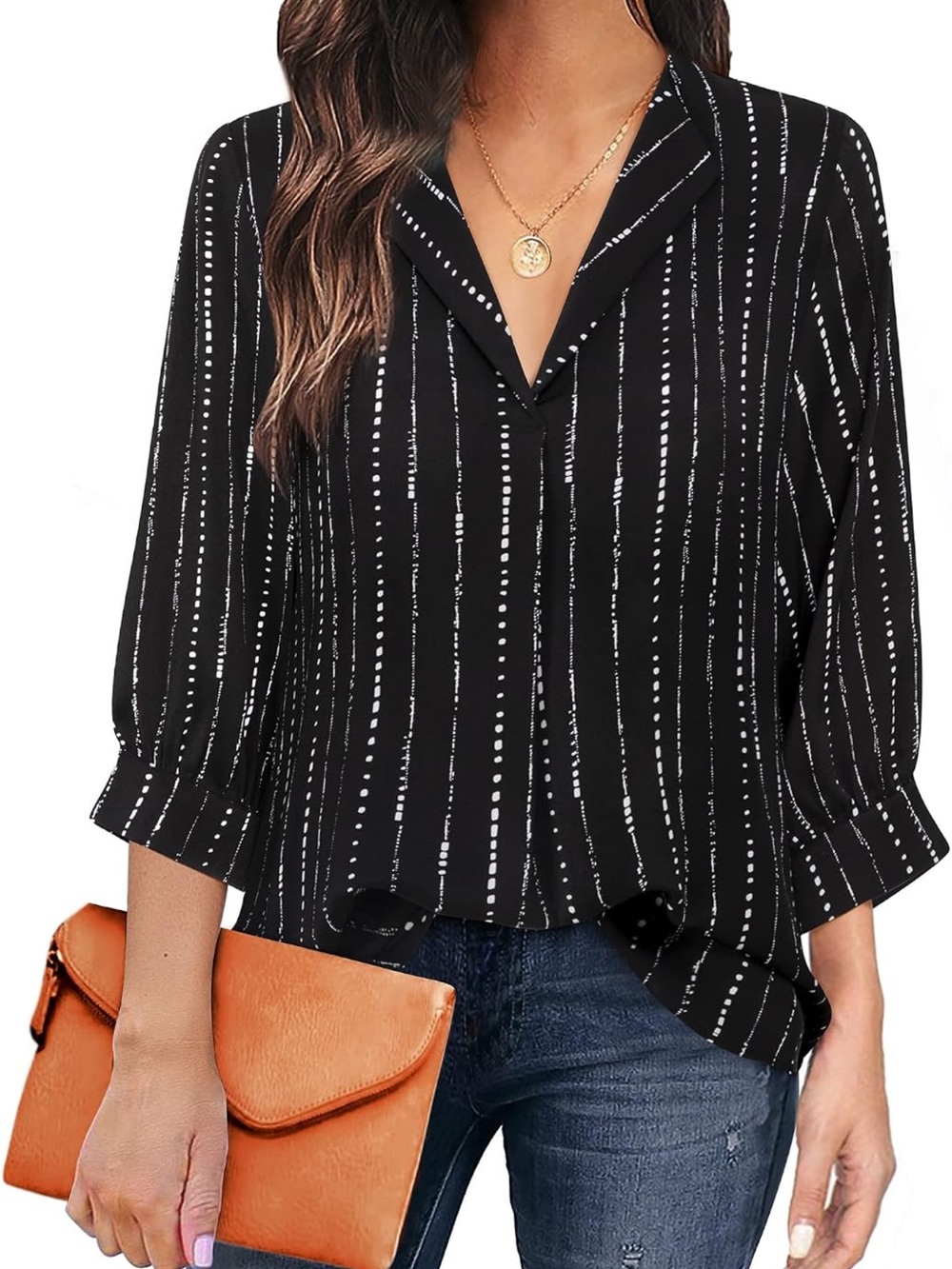 Vince Camuto Black Vertical-Stripe Notch Collar Blouse
